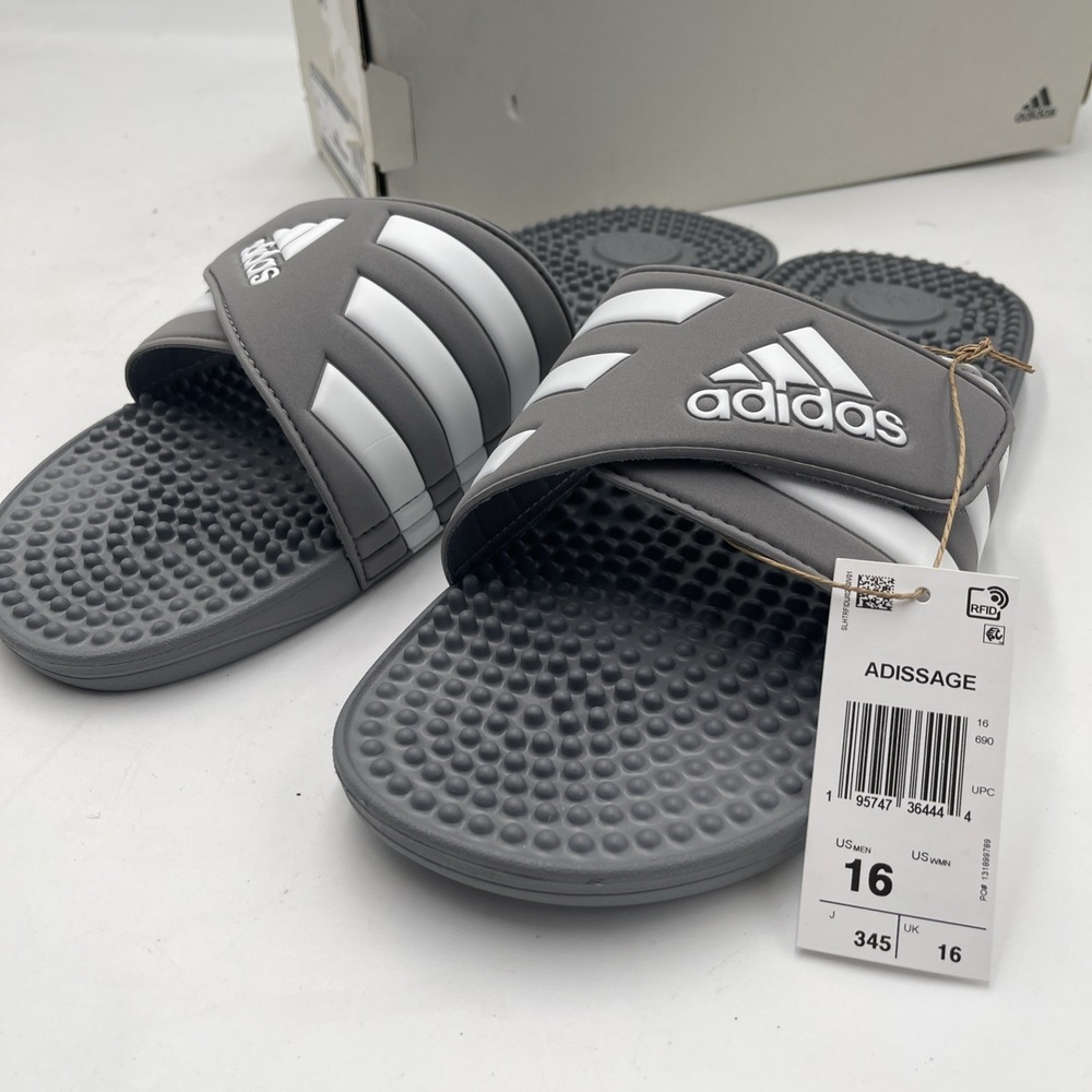 Adidas Adissage Slides Mens 16 Grey Solid Striped Hook and Loop HQ4373